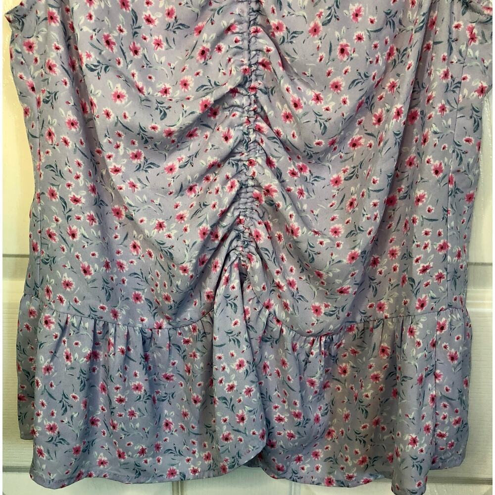 Pleione Floral Ruched Front Ruffle Hem Sleeveless Top Lavender Pink Boho - Small - Picture 3 of 6